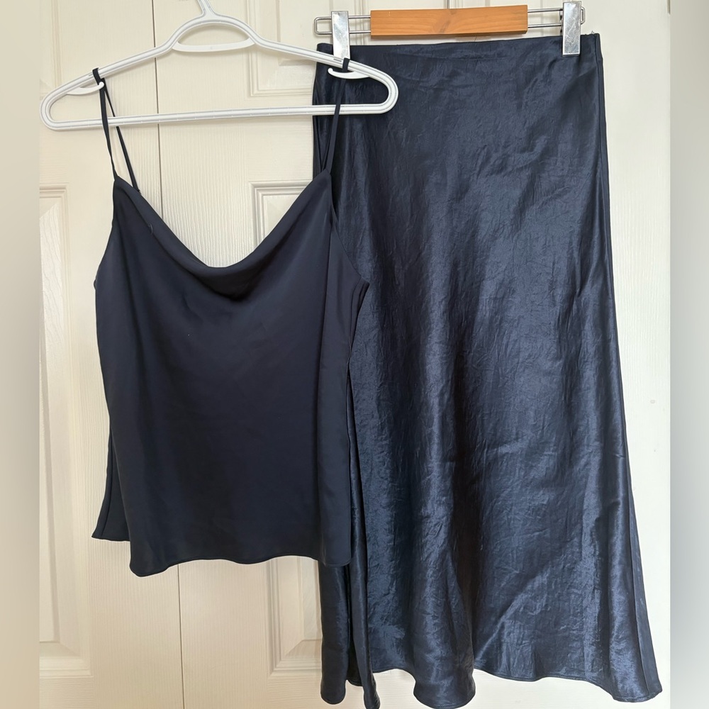 Aritzia Navy Cami top &  slip satin midi skirt SET!!!